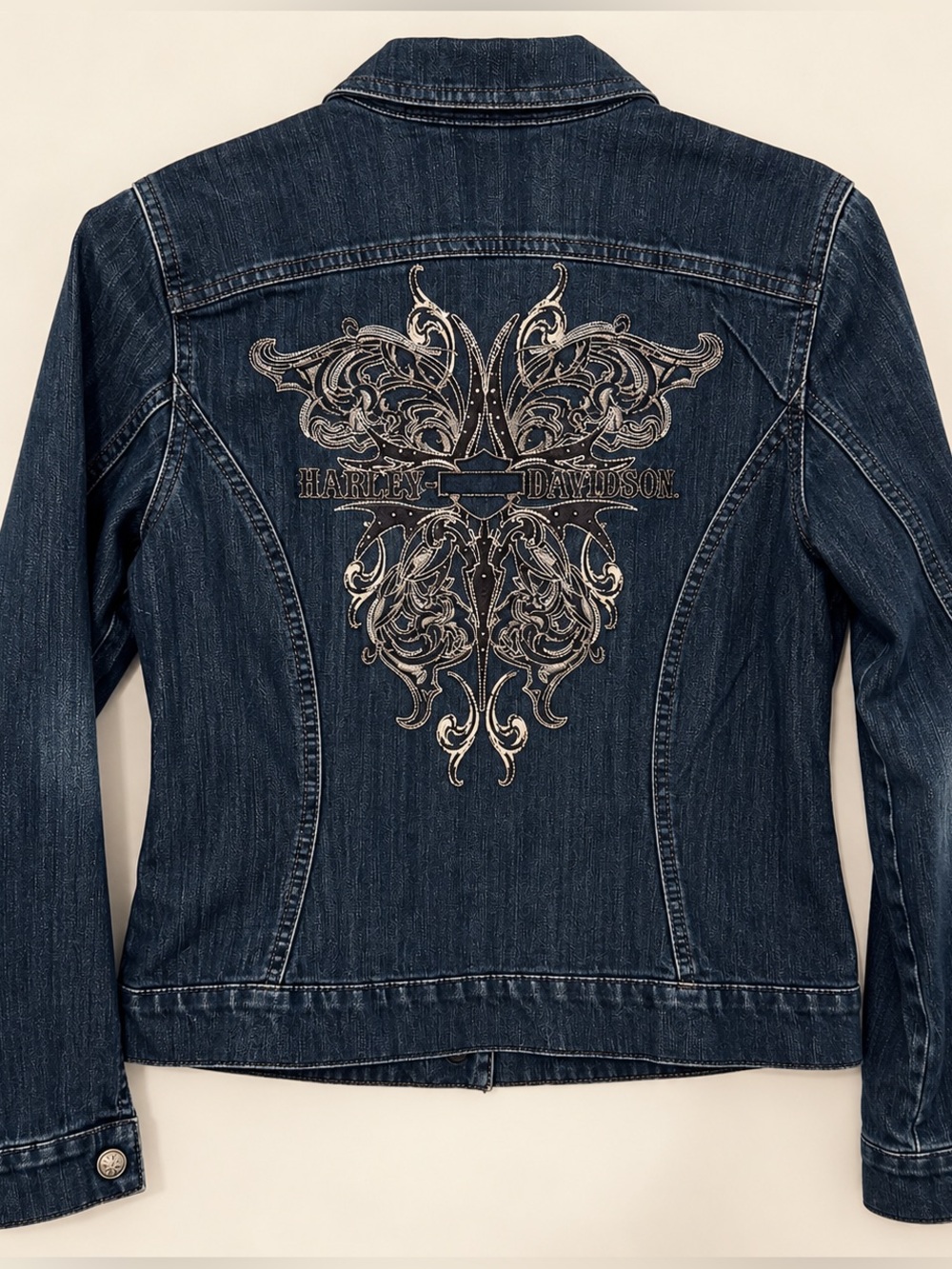 RARE 2000s Harley Davidson Y2K Denim Jacket Embroidered Biker Moto M